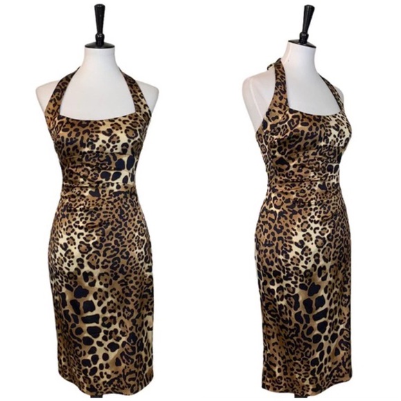 🐆 Caché, Vintage Wild Side Animal Print Satin Halter Dress - Picture 5 of 16